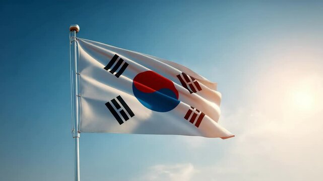 Waving Korea republic flag on flag pole with sky on background 4K