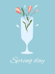 Abstract spring flowers in champagne, wine drinking glass. Spring flower drink. Element for design of poster, social media, banners, invitation. Trendy spring card template.