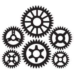 Mechanical sprocket gears sets, small, medium and large, types, Vector Black silhouettes. Isolated illustration. with white background