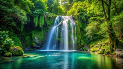 Obraz premium Serene Crystal Clear Waterfall in Lush Green Forest , ecofriendly, outdoors, ecofriendly, outdoors, nature, fauna
