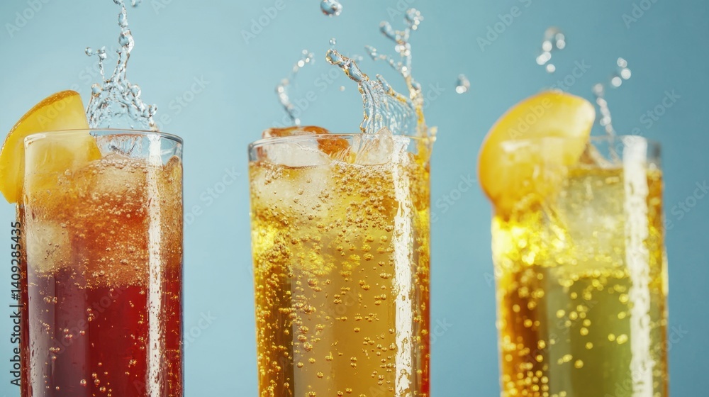 Poster refreshing summer beverages with fruit slices and ice cubes against a vibrant blue backdrop creating