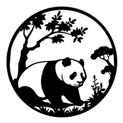 Elegant Panda Silhouette in a Circular Asian Landscape Design