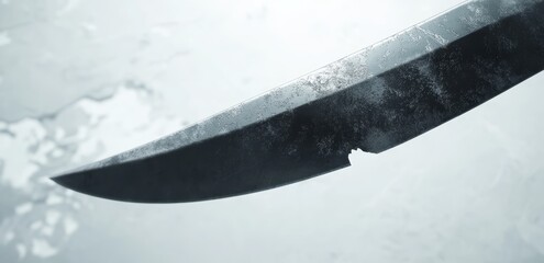 Close-up of a damaged, dark blade against a blurred, light background.  The chipped edge is visible