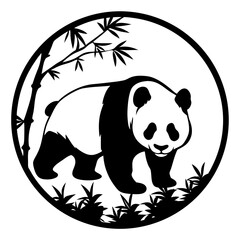 Majestic Panda Bear in Bamboo Forest Circular Design Black and White Illustration