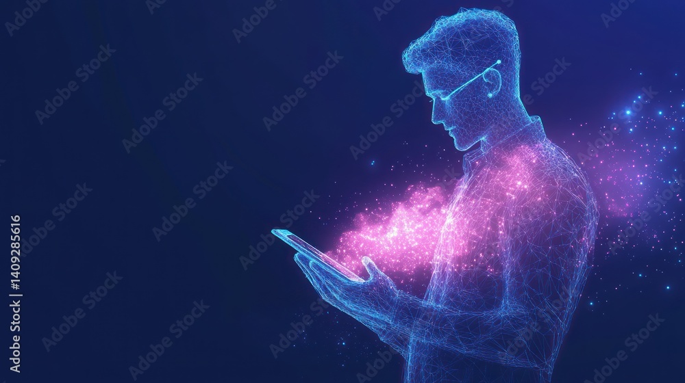Poster digital connectivity: conceptual rendering of man with tablet and glowing particles