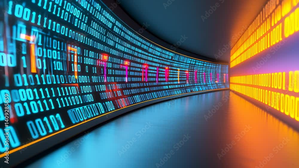 Poster futuristic corridor with glowing binary code
