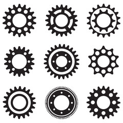 Mechanical sprocket gears sets, small, medium and large, types, Vector Black silhouettes. Isolated illustration. with white background