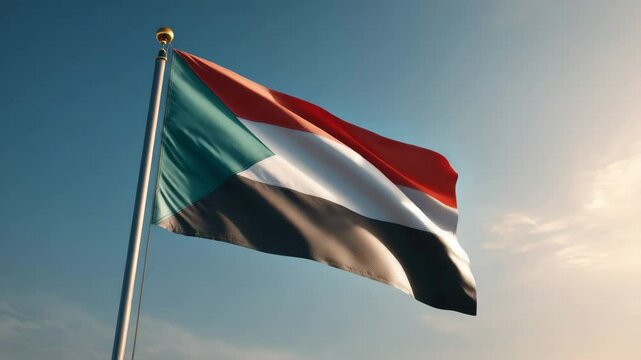 Waving Sudan flag on flag pole with sky on background 4K