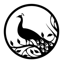 Naklejka premium Elegant Black and White Peacock Silhouette in Circular Floral Frame Artistic Bird Design