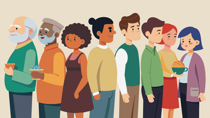 Obraz premium People of different ages and backgrounds stand shoulder to shoulder in the line united by their shared experience of not having enough to eat.. Vector illustration
