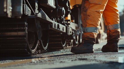 Road construction worker adjusting the height of a paving machine. Featuring precision and teamwork
