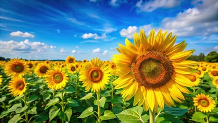 Obraz premium Vibrant yellow sunflowers blooming in a lush green field on a warm summer day with a clear blue sky and gentle breeze , flower field sunshine, nature scene