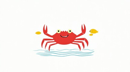 Playful Red Crab with Yellow Fish Swimming in Calm Water