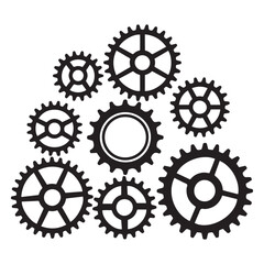 Mechanical sprocket gears sets, small, medium and large, types, Vector Black silhouettes. Isolated illustration. with white background