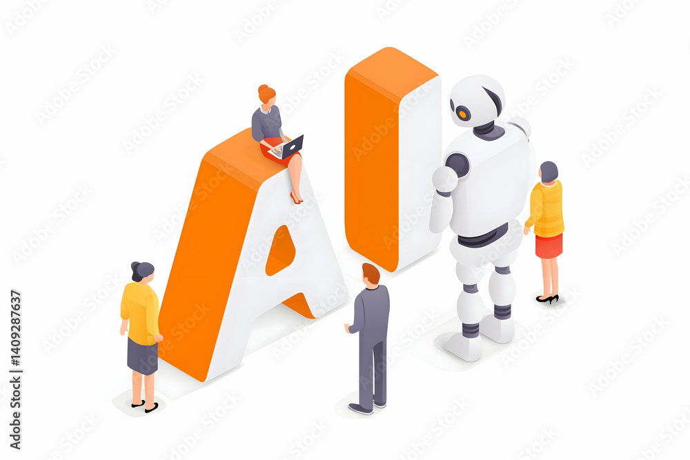 Poster a group of people and a robot surround oversized letters 