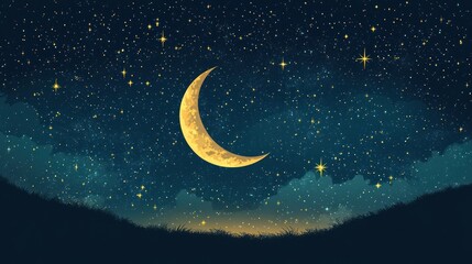 Crescent moon and twinkling stars, flat icon style, clean backdrop