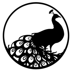 Elegant Black and White Peacock Silhouette in Circular Frame Artistic Design Graphic Illustration