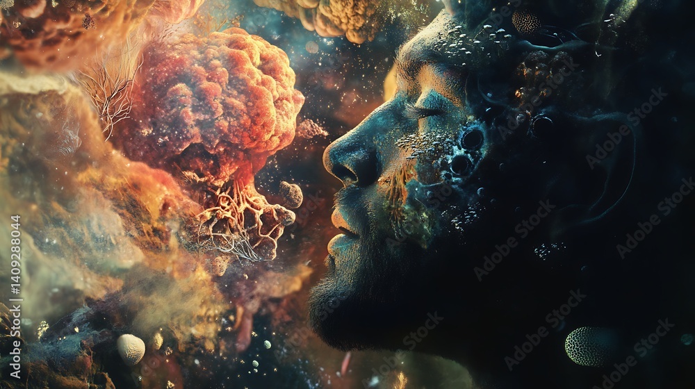 Aufkleber profile face merged with nebula in a digital art displaying cosmic elements