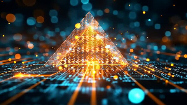 Abstract digital pyramid with glowing particles and lines, creating a futuristic technology backdrop