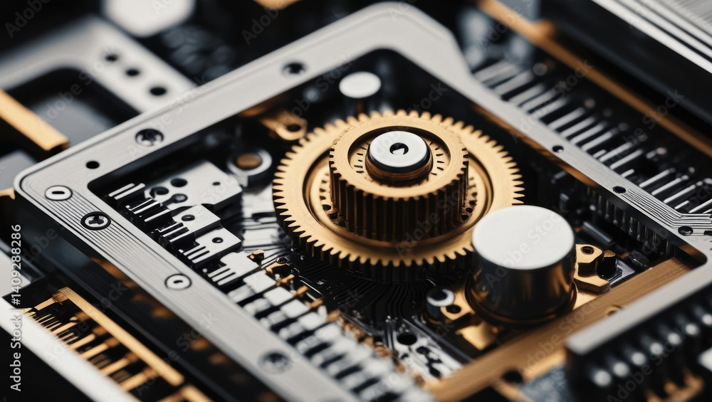 Poster intricate mechanical components showcase blend of metal and engineering, with gears and blocks worki