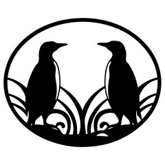 Two Penguins Facing Each Other in a Circular Design with Wavy Grass