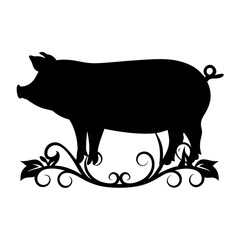 Elegant Black Silhouette of a Pig Adorned with Floral Swirls