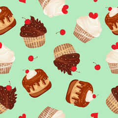 Seamless pattern for kitchen decor and more. Delicious cupcake with whipped cream and cherry. Vector cartoon illustration of sweet food.