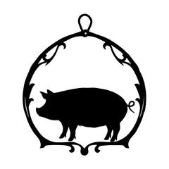 Silhouette of a Pig in an Ornate Circular Frame Decorative Design Element for Home Decor Farm Animal Themed Artwork
