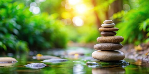Obraz premium A serene natural setting with a stack of balanced stones in harmony with nature, earthy, nature, earthy, nature