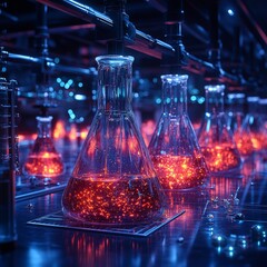 Futuristic Chemistry Laboratory with Glassware, Molecules, and Colorful Liquids