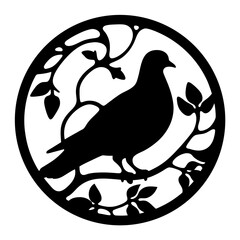 Elegant Black Silhouette of a Bird Perched on a Branch Within a Circular Frame