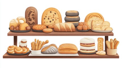 Charming bakery shelf with assorted breads and pastries in warm tones capturing the essence of artisanal baking and culinary delight for a delightful visual treat