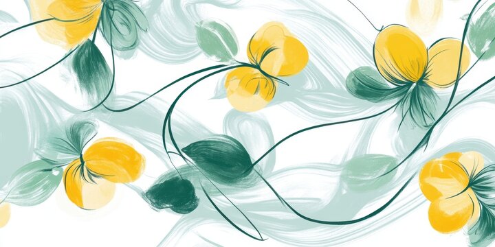 Yellow fruit and green leaves watercolor painting: Elegant watercolor painting of yellow fruits and green leaves, perfect for textile design and home decor.  The illustration features a flowing.