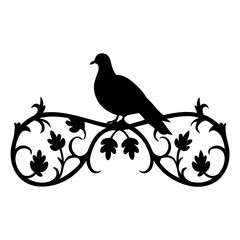 Elegant Silhouette of a Dove Perched on an Ornate Floral Branch Design Black and White Illustration