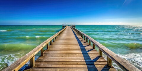 Fototapeta premium A wooden pontile stretching out into the ocean with a clear blue sky above and gentle waves lapping at its edges, peaceful ambiance, water edge