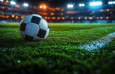 Fototapeta premium Rainy Night Football A Wet Soccer Ball On The Field At Stadium