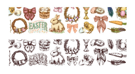 Hand drawn vintage colored and black Easter decorative borders with rabbit, chick, bow, eggs, willow, wreath, feathers, and decorations