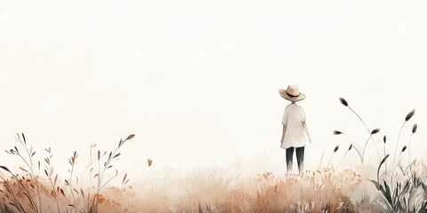 Obraz premium Solitude in the Field: A lone figure, wearing a wide-brimmed hat, stands in a field of tall grasses, gazing out at the vast horizon. The watercolor painting evokes a sense of peace and contemplation.