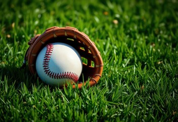 HD wallpaper of baseball and glove on lush green grass, stock photo, mlb