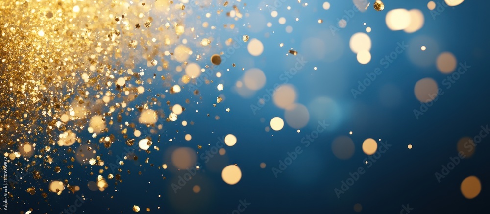 Poster elegant blue backdrop with sparkling golden glitter and bokeh effect overlay