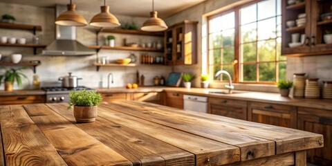 Rustic wooden table with a glass top set against a blurred background of a natural country kitchen featuring warm-toned wooden cabinets and countertops , table, country