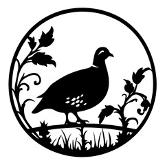 Elegant Quail Silhouette in Circular Floral Frame Artistic Bird Illustration