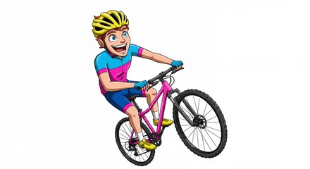 Fototapeta premium Cartoon boy mountain biking illustration active lifestyle