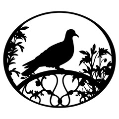 Elegant Silhouette of a Dove Perched on an Ornate Branch within a Circular Frame Adorned with Delicate Floral Designs
