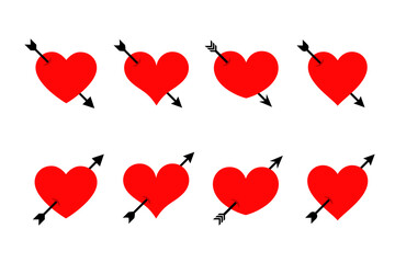 Pierced heart icon set. Heart with arrow icons. Valentine day. Symbol lovestruck