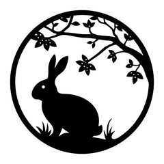 Silhouette of a Rabbit Under a Blooming Tree in a Circular Frame