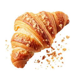 Delicious croissant with crumbs on a white background. Perfect for breakfast or a snack.
