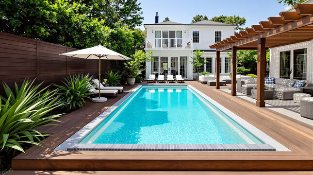 modern rectangular pool in a luxurious backyard oasis with wooden deck and pergola