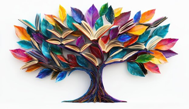 Colorful book tree; pages form leaves & branches. Knowledge growth metaphor
