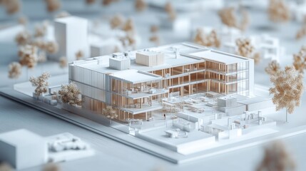 Digital model of office construction phases, white backdrop